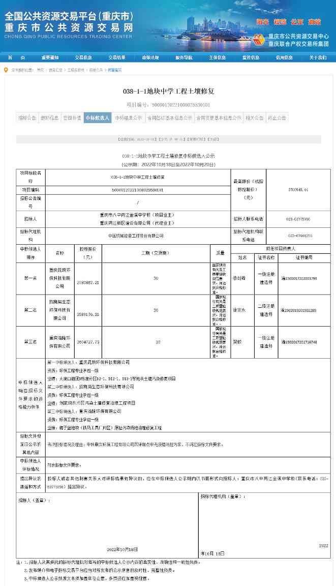昆顶环保预中标重庆市八中两江金溪中学校O38-1-1地块中学工程土壤修复项目！