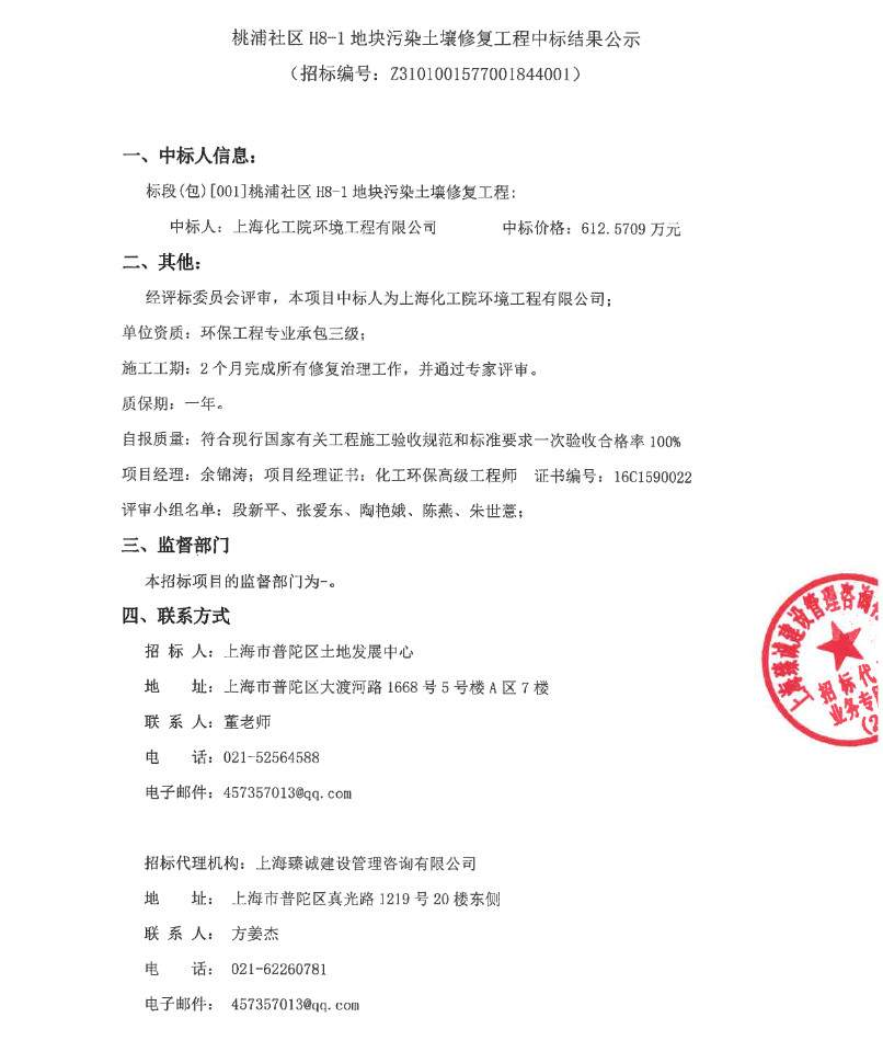 上海化工院环境工程有限公司中标上海市桃浦社区H8-1地块污染土壤修复工程