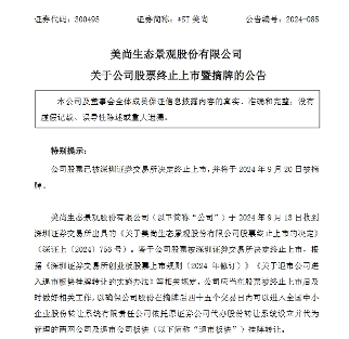 终止上市，美尚生态将于9月20日摘牌