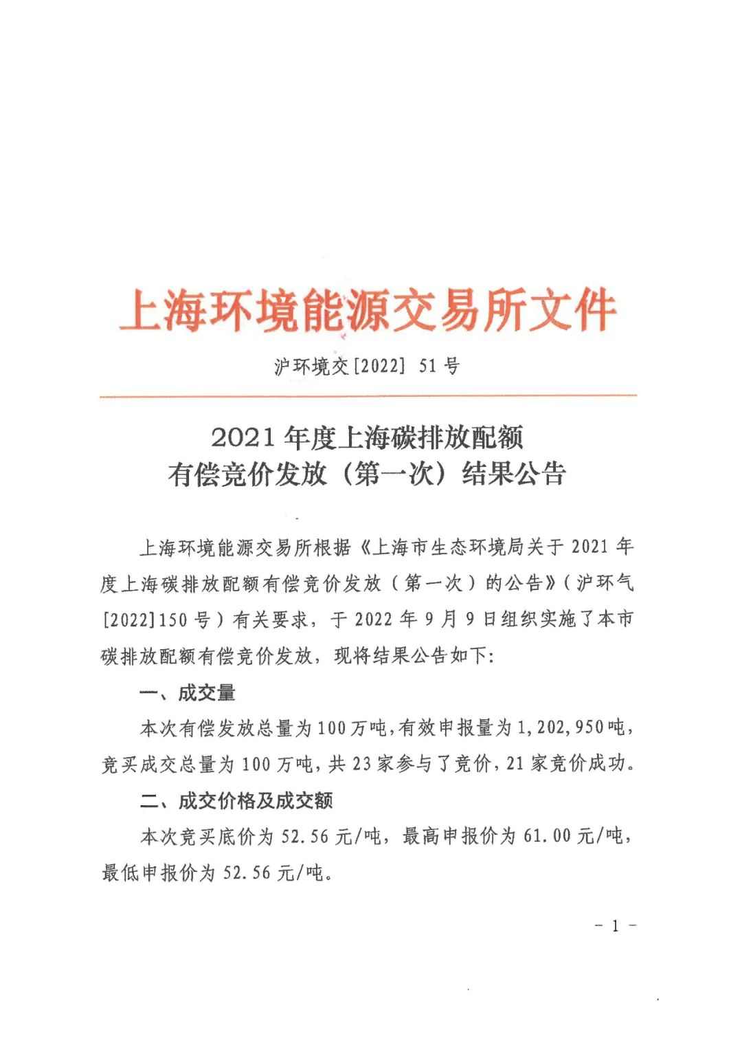 最高61元/吨！上海首次碳排放配额有偿竞价成交5256万元！
