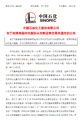 中国石化11月1日将从伦敦交易所退市！